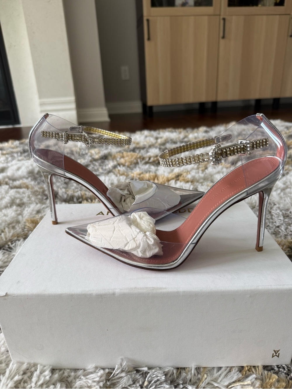 Amina Muaddi Clear PVC Pointed Stilettos with Pink Insole and Rhinestone Ankles
